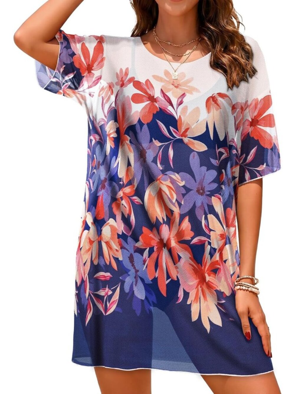 Women's White Orange Round Neck Mesh Summer Sheer Stretch Short Sleeve Cover Up